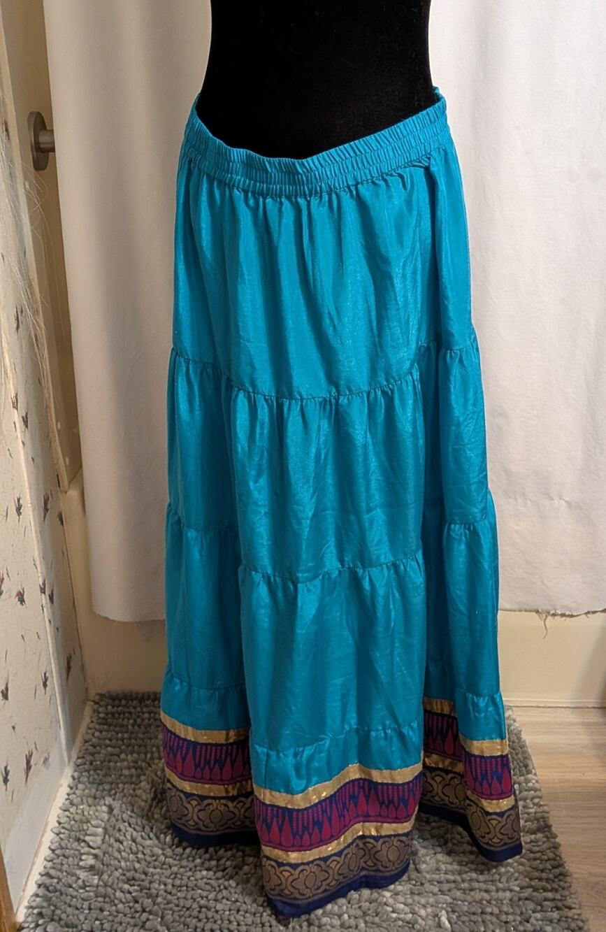 VTG 90s Fusion Beats Indian Gypsy Belly Dance Blue Maxi Skirt W/ Gold Trim Sz L
